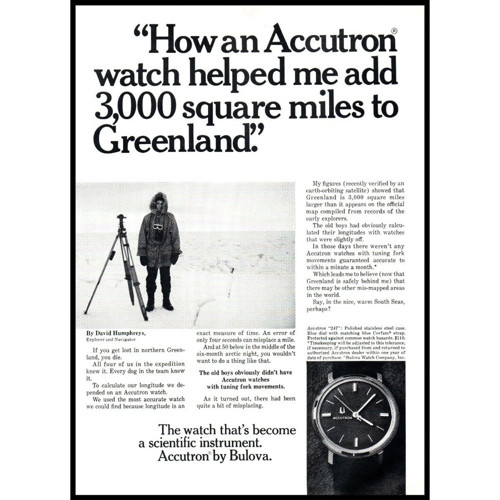 1970 Bulova Accutron 247 Watch Vintage Print Ad Green Arctic Expedition Wall Art